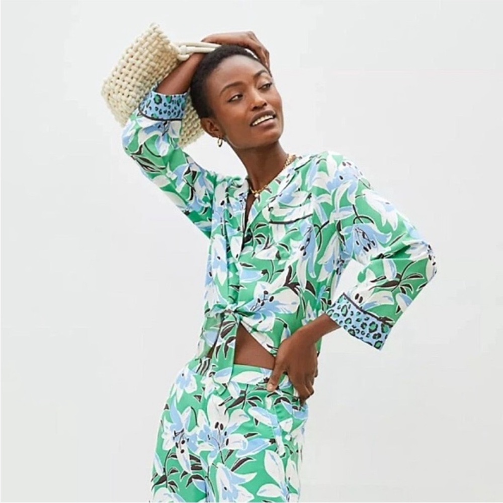 Anthropologie Maeve Matching Set Shirt Pants Floral Animal Print Green Blue - Picture 2 of 12
